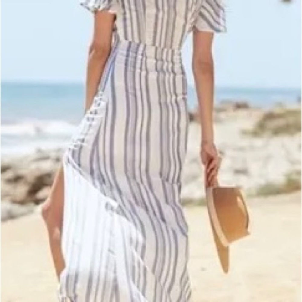 Lost + Wander Marina Tie front Maxi dress with slits white and light blue - Picture 3 of 13
